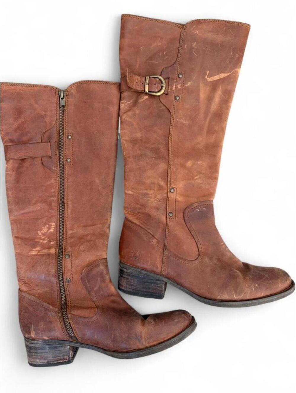Brown leather knee high riding boots